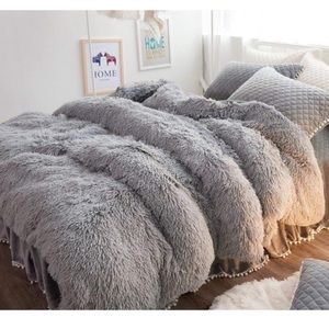 🎀Gray Velvet Faux Fur Duvet Cover Zipper New🎀
